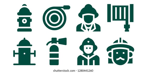  extinguisher icon set. 8 filled extinguisher icons. Simple modern icons about  - Hydrant, Extinguisher, Hose, Firefighter