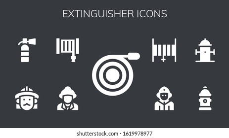 extinguisher icon set. 9 filled extinguisher icons. Included Hose, Firefighter, Extinguisher, Hydrant icons