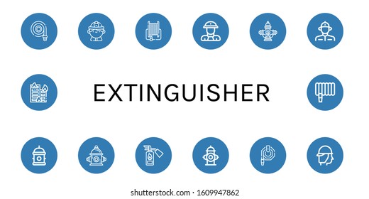 extinguisher icon set. Collection of Fire hose, Firefighter, Fireman, Hydrant, Fire hydrant, Fire extinguisher, Water hose, Building on icons