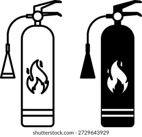 Ícones Extintores. Ilustrações vetoriais em preto e branco. Dispositivo de extinção de incêndio. Conceito de bombeiro