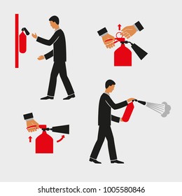 Extinguisher instructions. Figures are the order of actions. Vector drawing