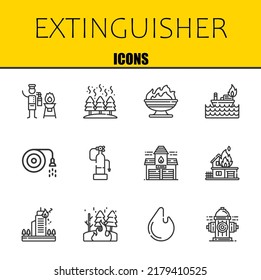 extinguisher vector line icons set. fire extinguisher, fire and fire Icons. Thin line design. Modern outline graphic elements, simple stroke symbols stock illustration