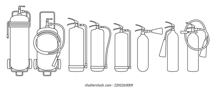Extinguisher vector realistic outline set icon. Vector illustration fire of protection on white background . Realistic outline set icon extinguisher.