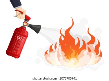 Extinguishes fire, red fire extinguisher flame protection. Flame protection, flame fighting concept vector illustration. Extinguish fire process. Protection flame and fire equipment