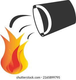 Extinguishing a fire with water from a bucket. Beware of fire. Vector black image of road safety highlighted on a white background.