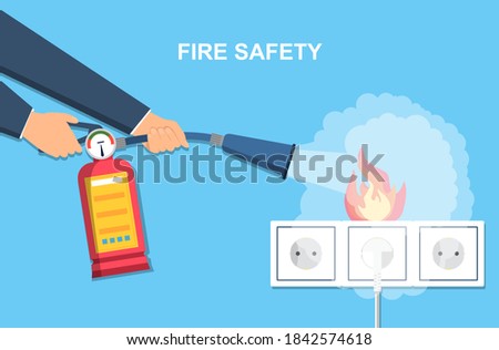 Extinguishing fire wiring in home. Socket and plug on fire from overload. Electrical safety concept. Fireman holding extinguisher in hands. Flame protection. Flat cartoon vector illustration Foto stock © 