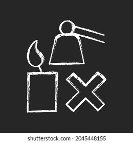 Extinguishing flickering candle chalk white manual label icon on dark background. Prevent rapid burning. Avoiding smoke. Isolated vector chalkboard illustration for product use instructions on black