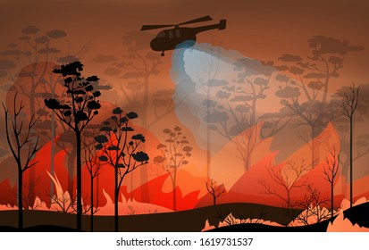 Extinguishing a forest fire with the help of modern technology. Fire helicopter. Vector
