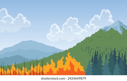 Extinguishing forest fire. Remote extinguishing of fires in mountainous areas. Combating natural disasters. Vector illustration