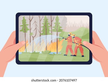 Extinguishing wildfire on tablet flat color vector illustration. Firefighters on emergency situation in forest. Looking at gadget screen 2D cartoon first view hand with natural disaster on background
