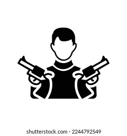 Extorsionista, arma, ícono de secuestrador. Gráficos vectoriales negros.