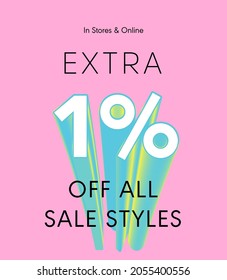 Extra 1% off all sale styles in stores and online, Special offer sale 1 percent discount 3D number tag voucher vector illustration. season label summer sale coupon promo banner holiday