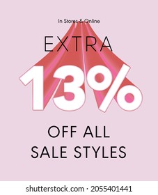 Extra 13% off all sale styles in stores and online, Special offer sale 13 percent discount 3D number tag voucher vector illustration. season label summer sale coupon promo banner holiday