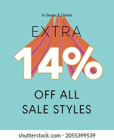 Extra 14% off all sale styles in stores and online, Special offer sale 14 percent discount 3D number tag voucher vector illustration. season label summer sale coupon promo banner holiday