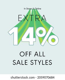 Extra 14% off all sale styles in stores and online, Special offer sale 14 percent discount 3D number tag voucher vector illustration. season label summer sale coupon promo banner holiday