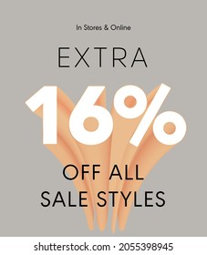 Extra 16% off all sale styles in stores and online, Special offer sale 16 percent discount 3D number tag voucher vector illustration. season label summer sale coupon promo banner holiday