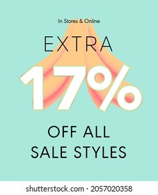 Extra 17% off all sale styles in stores and online, Special offer sale 17 percent discount 3D number tag voucher vector illustration. season label summer sale coupon promo banner holiday