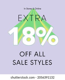 Extra 18% off all sale styles in stores and online, Special offer sale 18 percent discount 3D number tag voucher vector illustration. season label summer sale coupon promo banner holiday