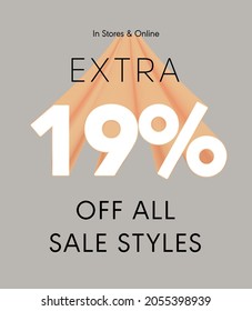 Extra 19% off all sale styles in stores and online, Special offer sale 19 percent discount 3D number tag voucher vector illustration. season label summer sale coupon promo banner holiday