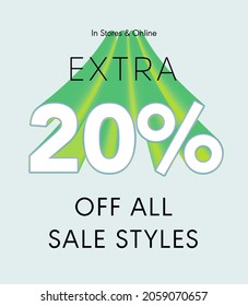 Extra 20% off all sale styles in stores and online, Special offer sale 20 percent discount 3D number tag voucher vector illustration. season label summer sale coupon promo banner holiday