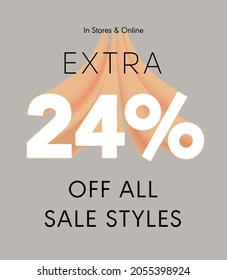 Extra 24% off all sale styles in stores and online, Special offer sale 24 percent discount 3D number tag voucher vector illustration. season label summer sale coupon promo banner holiday