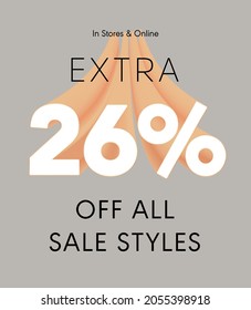 Extra 26% off all sale styles in stores and online, Special offer sale 26 percent discount 3D number tag voucher vector illustration. season label summer sale coupon promo banner holiday