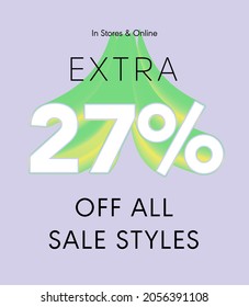 Extra 27% off all sale styles in stores and online, Special offer sale 27 percent discount 3D number tag voucher vector illustration. season label summer sale coupon promo banner holiday