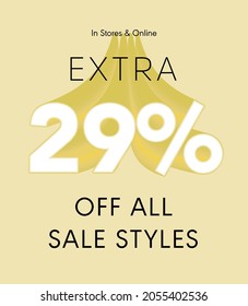 Extra 29% off all sale styles in stores and online, Special offer sale 29 percent discount 3D number tag voucher vector illustration. season label summer sale coupon promo banner holiday