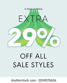 Extra 29% off all sale styles in stores and online, Special offer sale 29 percent discount 3D number tag voucher vector illustration. season label summer sale coupon promo banner holiday