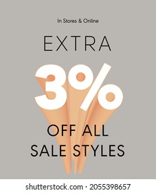 Extra 3% off all sale styles in stores and online, Special offer sale 3 percent discount 3D number tag voucher vector illustration. season label summer sale coupon promo banner holiday