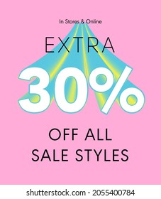 Extra 30% off all sale styles in stores and online, Special offer sale 30 percent discount 3D number tag voucher vector illustration. season label summer sale coupon promo banner holiday