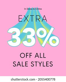 Extra 33% off all sale styles in stores and online, Special offer sale 33 percent discount 3D number tag voucher vector illustration. season label summer sale coupon promo banner holiday