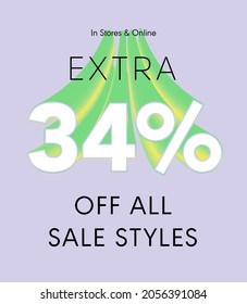 Extra 34% off all sale styles in stores and online, Special offer sale 34 percent discount 3D number tag voucher vector illustration. season label summer sale coupon promo banner holiday