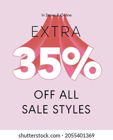 Extra 35% off all sale styles in stores and online, Special offer sale 35 percent discount 3D number tag voucher vector illustration. season label summer sale coupon promo banner holiday