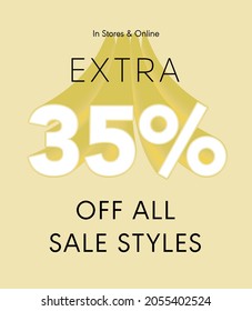 Extra 35% off all sale styles in stores and online, Special offer sale 35 percent discount 3D number tag voucher vector illustration. season label summer sale coupon promo banner holiday
