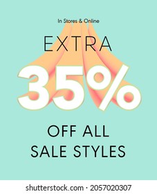 Extra 35% off all sale styles in stores and online, Special offer sale 35 percent discount 3D number tag voucher vector illustration. season label summer sale coupon promo banner holiday