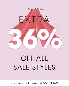 Extra 36% off all sale styles in stores and online, Special offer sale 36 percent discount 3D number tag voucher vector illustration. season label summer sale coupon promo banner holiday