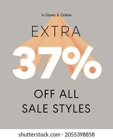 Extra 37% off all sale styles in stores and online, Special offer sale 37 percent discount 3D number tag voucher vector illustration. season label summer sale coupon promo banner holiday