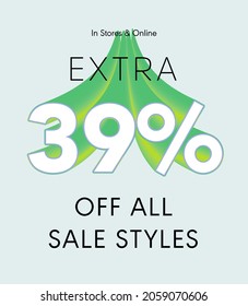 Extra 39% off all sale styles in stores and online, Special offer sale 39 percent discount 3D number tag voucher vector illustration. season label summer sale coupon promo banner holiday