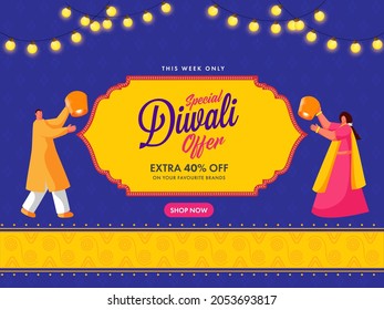 Extra 40% Off For Diwali Sale Poster Design With Indian People Holding Sky Lanterns.