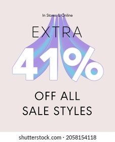 Extra 41% off all sale styles in stores and online, Special offer sale 41 percent discount 3D number tag voucher vector illustration. season label summer sale coupon promo banner holiday