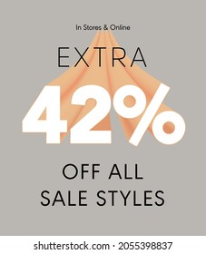 Extra 42% off all sale styles in stores and online, Special offer sale 42 percent discount 3D number tag voucher vector illustration. season label summer sale coupon promo banner holiday