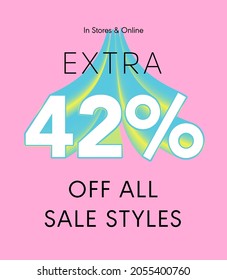 Extra 42% off all sale styles in stores and online, Special offer sale 42 percent discount 3D number tag voucher vector illustration. season label summer sale coupon promo banner holiday