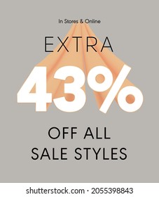 Extra 43% off all sale styles in stores and online, Special offer sale 43 percent discount 3D number tag voucher vector illustration. season label summer sale coupon promo banner holiday