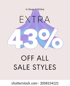 Extra 43% off all sale styles in stores and online, Special offer sale 43 percent discount 3D number tag voucher vector illustration. season label summer sale coupon promo banner holiday