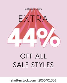 Extra 44% off all sale styles in stores and online, Special offer sale 44 percent discount 3D number tag voucher vector illustration. season label summer sale coupon promo banner holiday