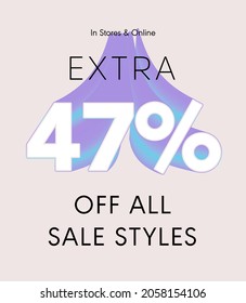 Extra 47% off all sale styles in stores and online, Special offer sale 47 percent discount 3D number tag voucher vector illustration. season label summer sale coupon promo banner holiday
