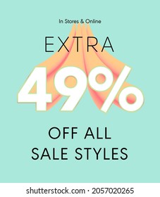 Extra 49% off all sale styles in stores and online, Special offer sale 49 percent discount 3D number tag voucher vector illustration. season label summer sale coupon promo banner holiday