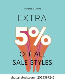 Extra 5% off all sale styles in stores and online, Special offer sale 5 percent discount 3D number tag voucher vector illustration. season label summer sale coupon promo banner holiday