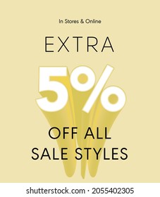 Extra 5% off all sale styles in stores and online, Special offer sale 5 percent discount 3D number tag voucher vector illustration. season label summer sale coupon promo banner holiday